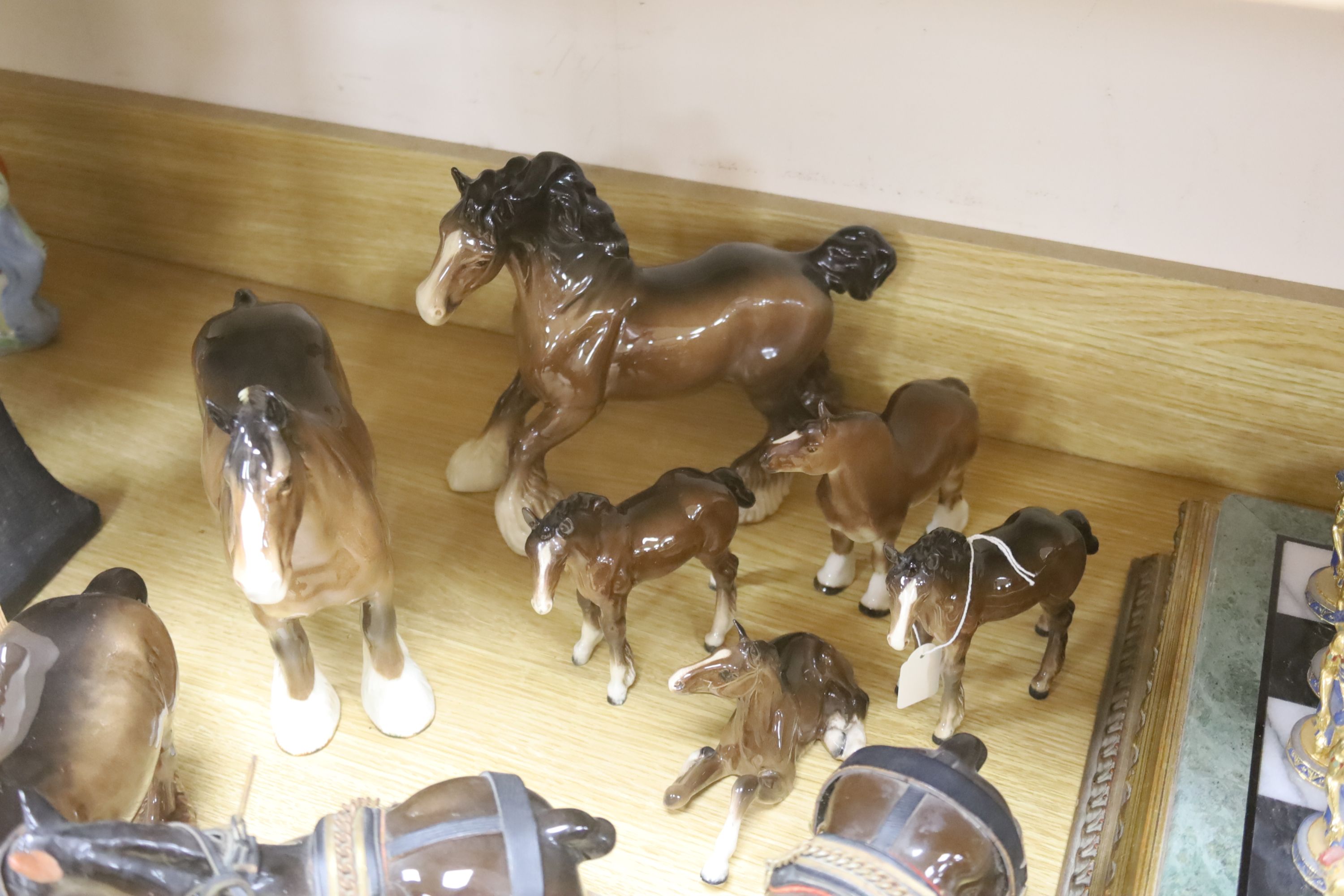 Nine Beswick Shire and other horses, tallest 22cm